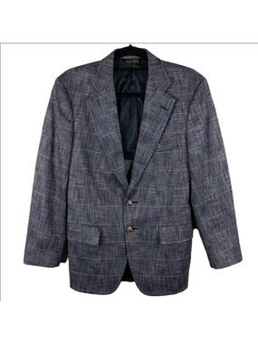 Hunter Haig Blue Grey Plaid One Notched Collar Long Sleeve Button Front Blazer